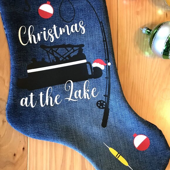 Handmade Denim Christmas Stocking: Lake Cabin Decor, Pontoon Fishing, Size S-M - Picture 5 of 7